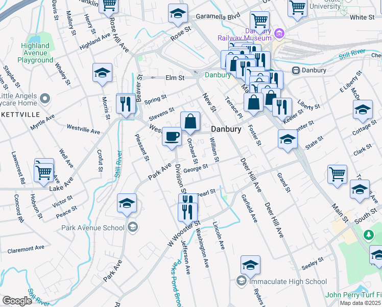 map of restaurants, bars, coffee shops, grocery stores, and more near 18 Orchard Street in Danbury