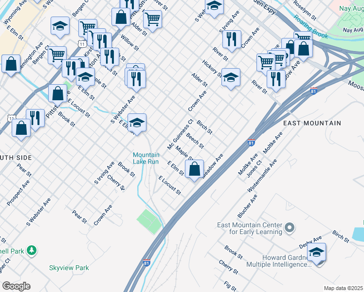 map of restaurants, bars, coffee shops, grocery stores, and more near 931 Maple Street in Scranton
