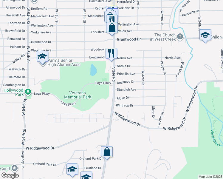 map of restaurants, bars, coffee shops, grocery stores, and more near 6348 State Road in Parma