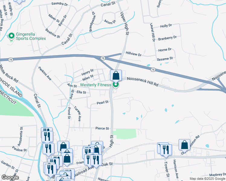 map of restaurants, bars, coffee shops, grocery stores, and more near 231 High Street in Westerly
