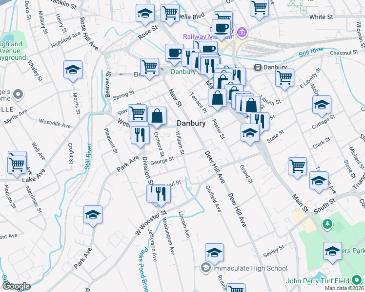 map of restaurants, bars, coffee shops, grocery stores, and more near 39 William Street in Danbury