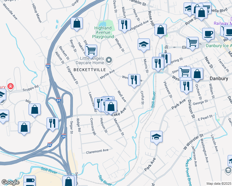 map of restaurants, bars, coffee shops, grocery stores, and more near 20 Well Avenue in Danbury