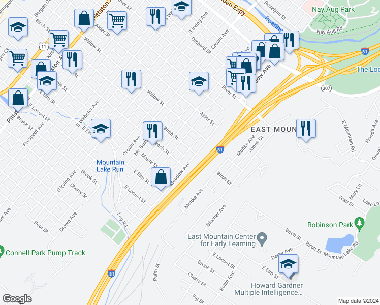map of restaurants, bars, coffee shops, grocery stores, and more near 1034 Birch Street in Scranton