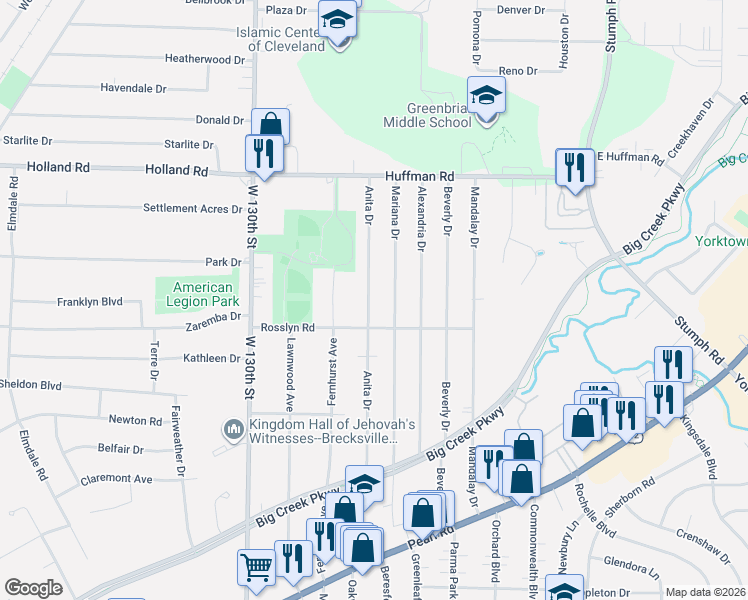 map of restaurants, bars, coffee shops, grocery stores, and more near 6352 Mariana Drive in Parma Heights