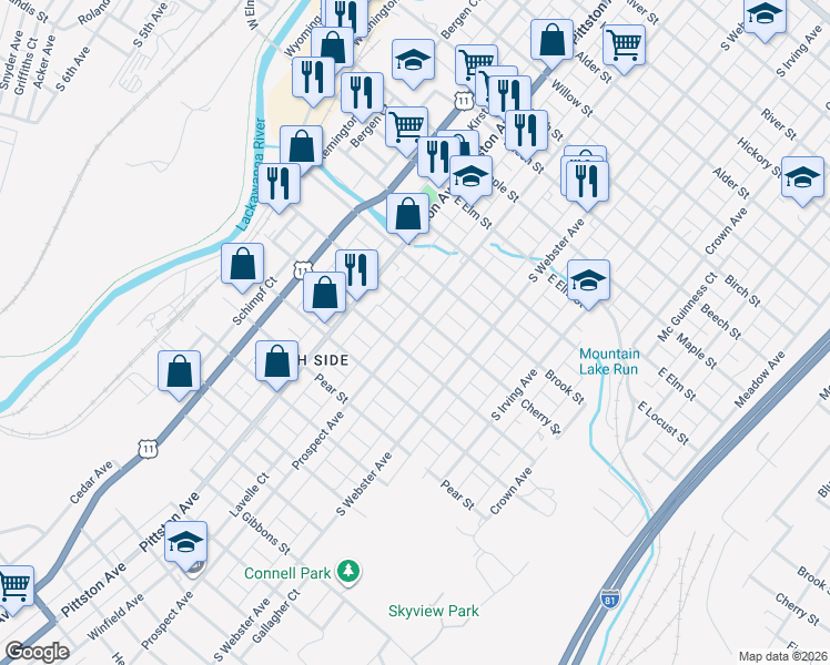 map of restaurants, bars, coffee shops, grocery stores, and more near 1405 Prospect Avenue in Scranton