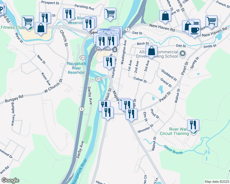 map of restaurants, bars, coffee shops, grocery stores, and more near 7 Maple Street in Seymour