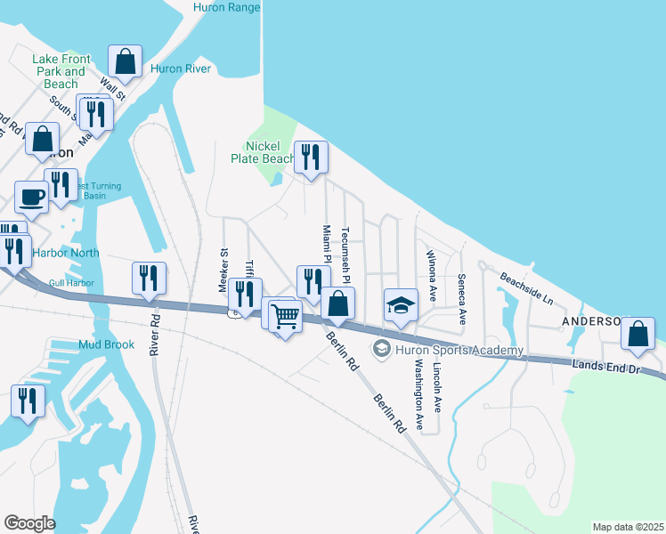map of restaurants, bars, coffee shops, grocery stores, and more near 510 Tioga Place in Huron