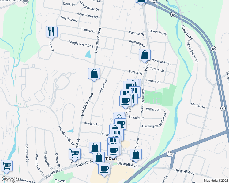 map of restaurants, bars, coffee shops, grocery stores, and more near 192 Edgewood Avenue in Hamden
