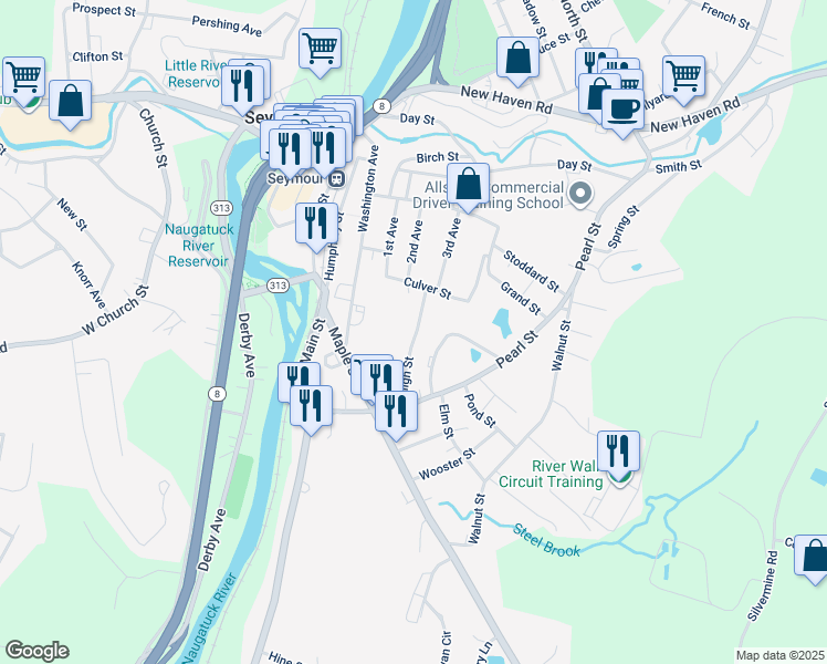 map of restaurants, bars, coffee shops, grocery stores, and more near 47 High Street in Seymour
