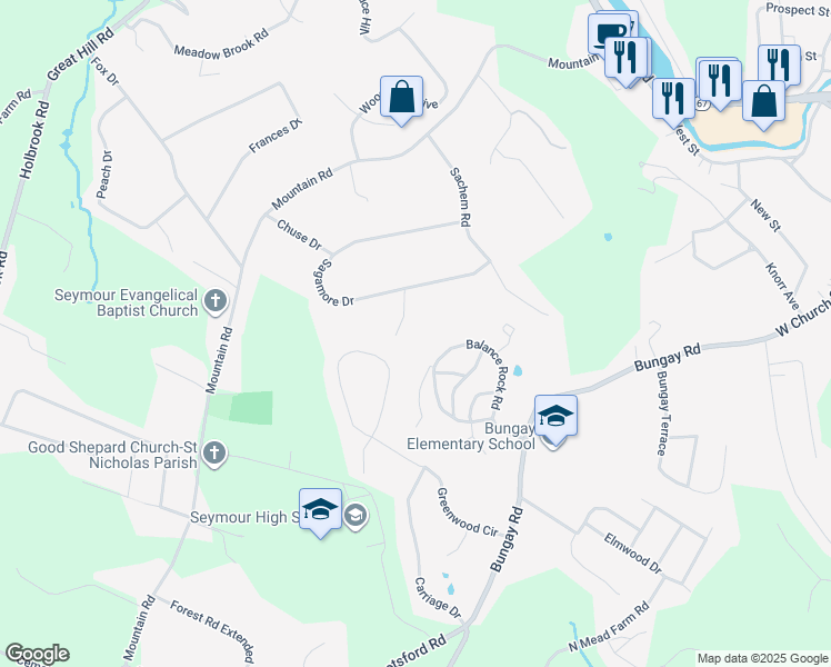 map of restaurants, bars, coffee shops, grocery stores, and more near 5 Sauquett Lane in Seymour