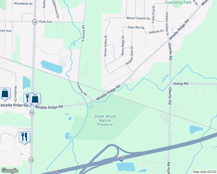 map of restaurants, bars, coffee shops, grocery stores, and more near 45487 Old Middle Ridge Road in Amherst