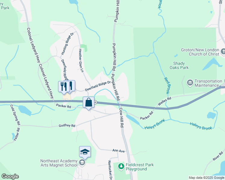map of restaurants, bars, coffee shops, grocery stores, and more near 55 Pumpkin Hill Road in Groton