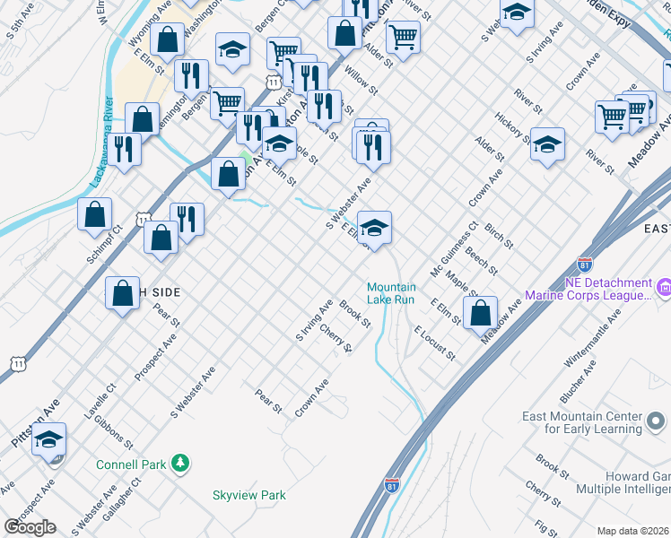 map of restaurants, bars, coffee shops, grocery stores, and more near 746 East Locust Street in Scranton