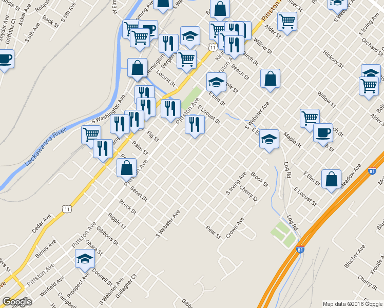 map of restaurants, bars, coffee shops, grocery stores, and more near 1409 Prospect Avenue in Scranton