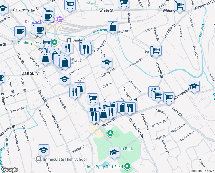map of restaurants, bars, coffee shops, grocery stores, and more near 8 Clark Street in Danbury
