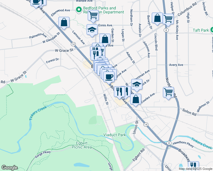 map of restaurants, bars, coffee shops, grocery stores, and more near 17 North Park Street in Bedford