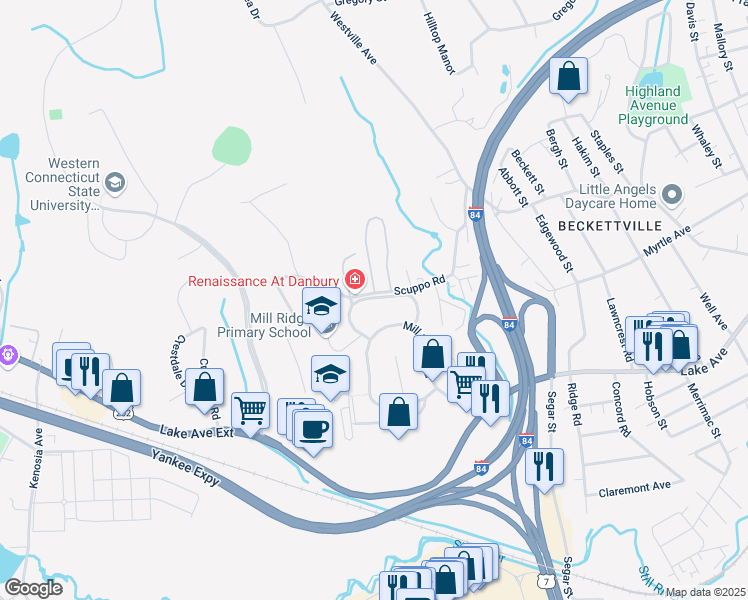 map of restaurants, bars, coffee shops, grocery stores, and more near 26 High Ridge Road in Danbury