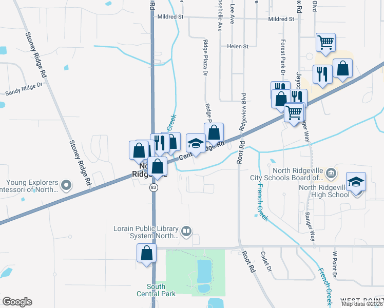 map of restaurants, bars, coffee shops, grocery stores, and more near Center Ridge Road in North Ridgeville