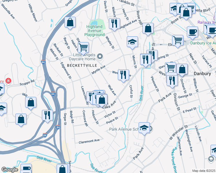 map of restaurants, bars, coffee shops, grocery stores, and more near 20 Well Avenue in Danbury
