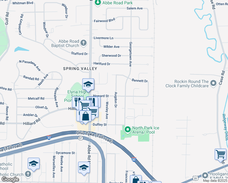 map of restaurants, bars, coffee shops, grocery stores, and more near 612 Augdon Drive in Elyria