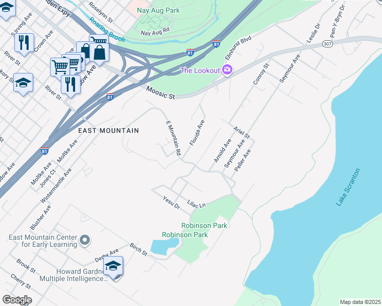 map of restaurants, bars, coffee shops, grocery stores, and more near 141 Florida Ave in Scranton