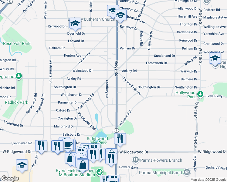 map of restaurants, bars, coffee shops, grocery stores, and more near 6342 Ridge Road in Parma