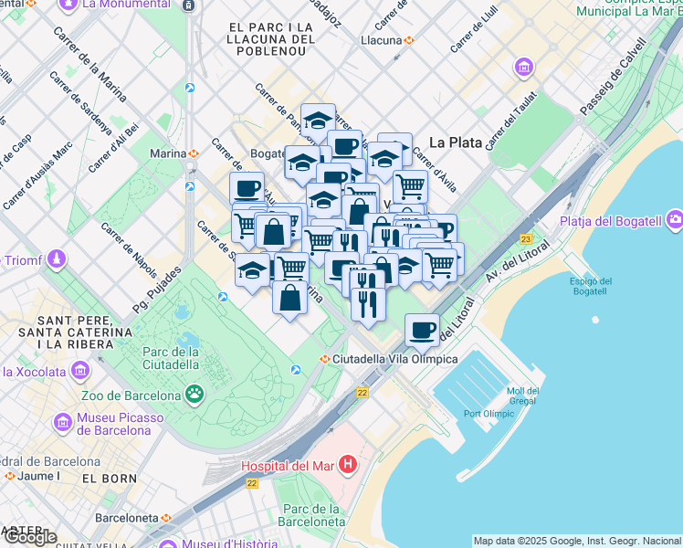 map of restaurants, bars, coffee shops, grocery stores, and more near 21 Carrer Joan Miró in Barcelona