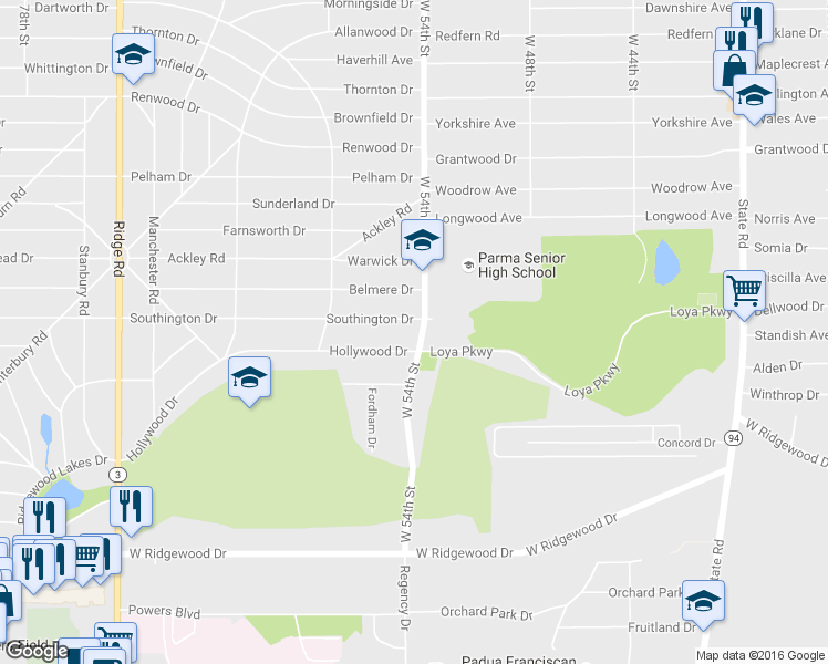 map of restaurants, bars, coffee shops, grocery stores, and more near 6342 West 54th Street in Parma