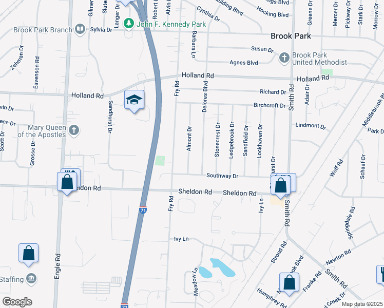 map of restaurants, bars, coffee shops, grocery stores, and more near 6469 Almont Drive in Brook Park