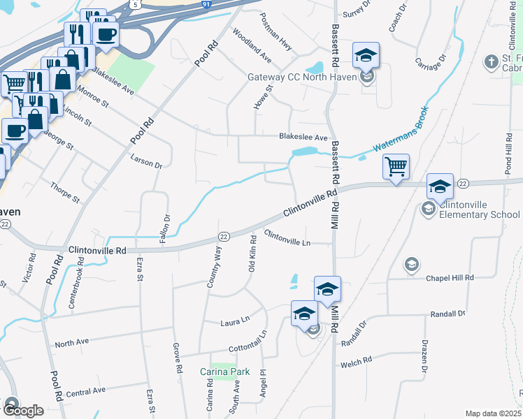 map of restaurants, bars, coffee shops, grocery stores, and more near 201 Clintonville Road in North Haven