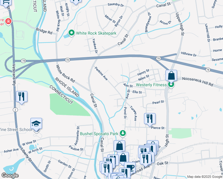 map of restaurants, bars, coffee shops, grocery stores, and more near 14A Perkins Avenue in Westerly