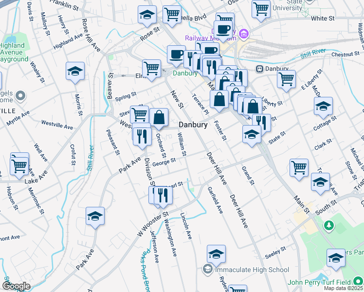 map of restaurants, bars, coffee shops, grocery stores, and more near 39 William Street in Danbury