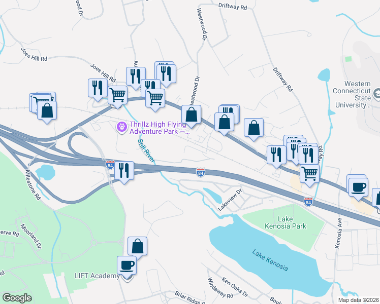 map of restaurants, bars, coffee shops, grocery stores, and more near 80 Mill Plain Road in Danbury