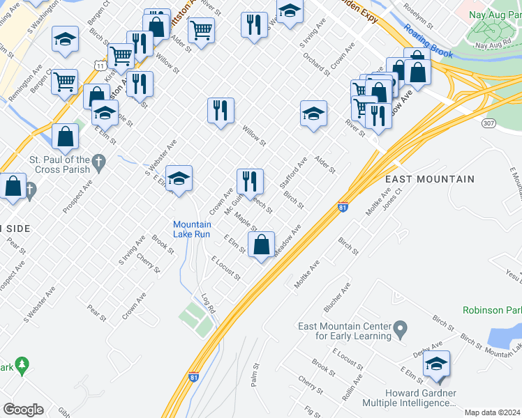 map of restaurants, bars, coffee shops, grocery stores, and more near 931 Maple Street in Scranton