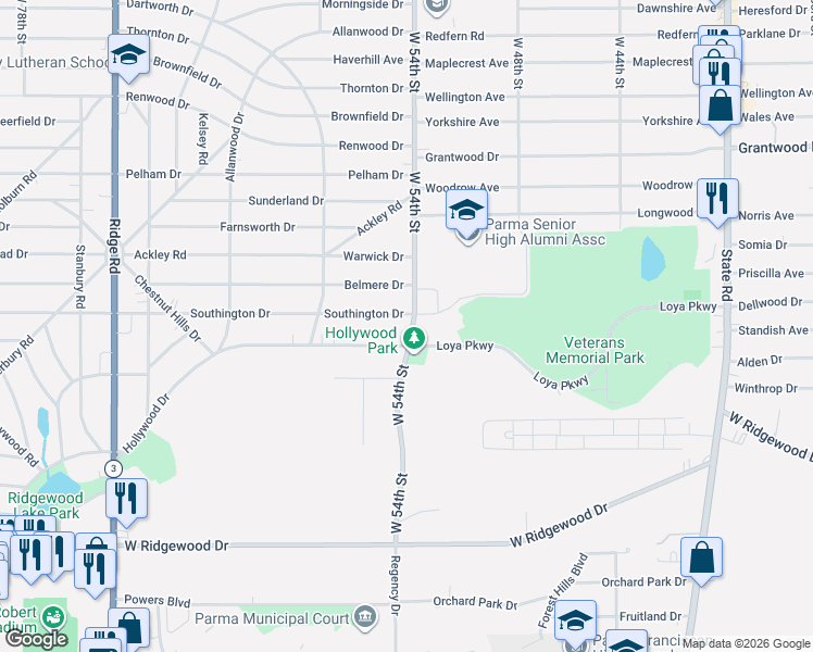map of restaurants, bars, coffee shops, grocery stores, and more near 6342 West 54th Street in Parma