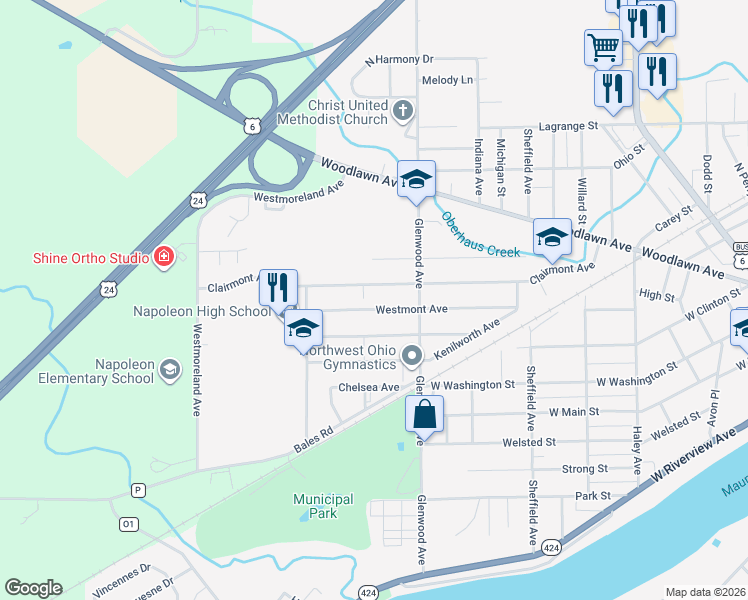 map of restaurants, bars, coffee shops, grocery stores, and more near 130 East Clinton Street in Napoleon
