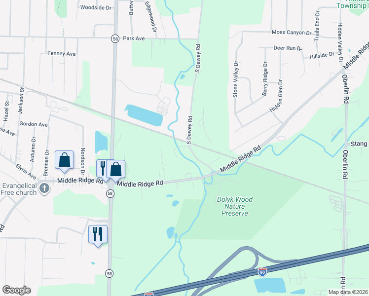map of restaurants, bars, coffee shops, grocery stores, and more near 7550 South Dewey Road in Amherst