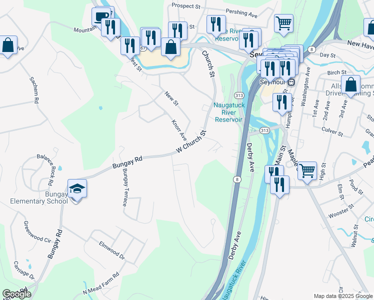 map of restaurants, bars, coffee shops, grocery stores, and more near 179 West Church Street in Seymour