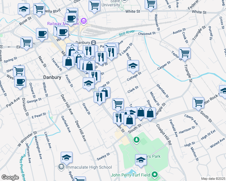 map of restaurants, bars, coffee shops, grocery stores, and more near 13 Park Place in Danbury