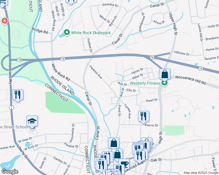 map of restaurants, bars, coffee shops, grocery stores, and more near 14A Perkins Avenue in Westerly