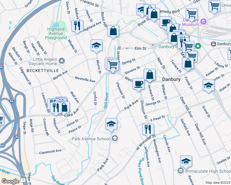 map of restaurants, bars, coffee shops, grocery stores, and more near 4 Bennett Place in Danbury