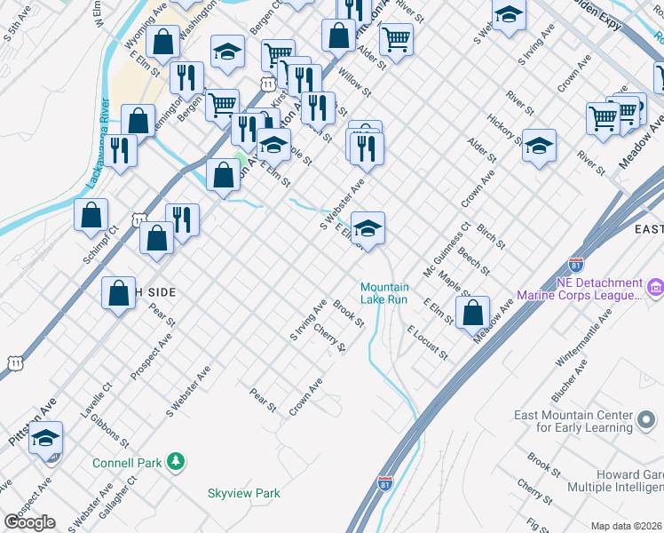 map of restaurants, bars, coffee shops, grocery stores, and more near 746 East Locust Street in Scranton