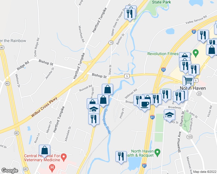 map of restaurants, bars, coffee shops, grocery stores, and more near 27 State St in North Haven
