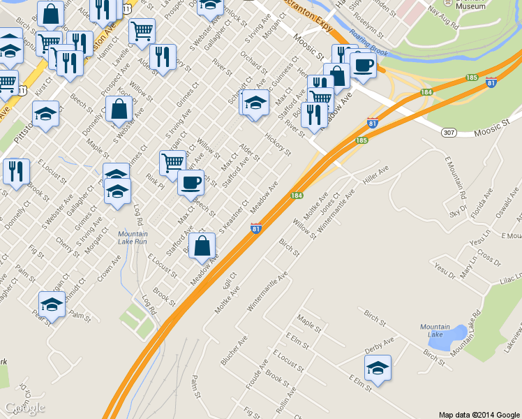 map of restaurants, bars, coffee shops, grocery stores, and more near 719 Meadow Ave in Scranton