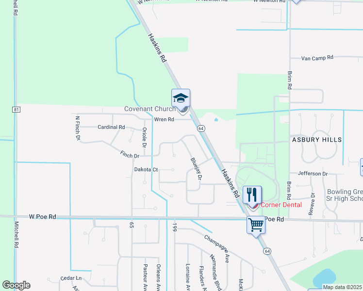 map of restaurants, bars, coffee shops, grocery stores, and more near 1149 Bluejay Drive in Bowling Green