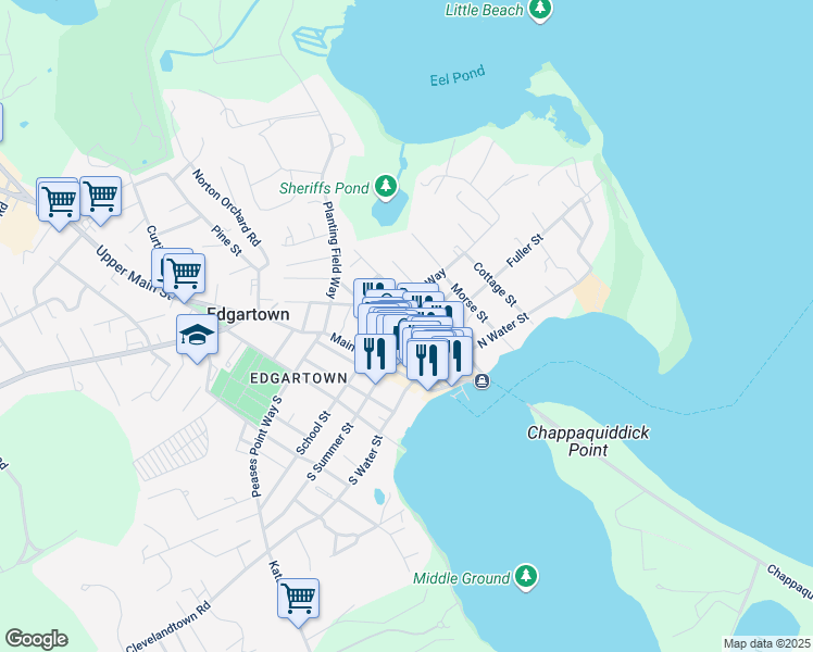 map of restaurants, bars, coffee shops, grocery stores, and more near 51 Winter Street in Edgartown