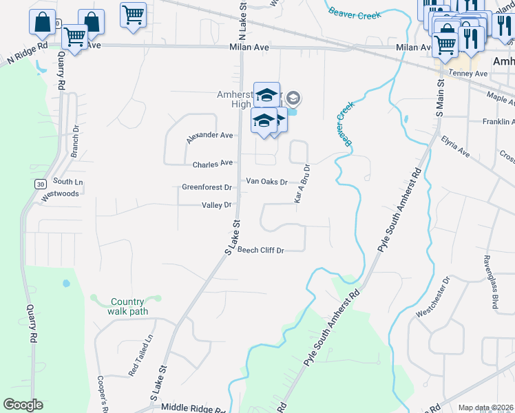 map of restaurants, bars, coffee shops, grocery stores, and more near 521 South Lake Street in Amherst