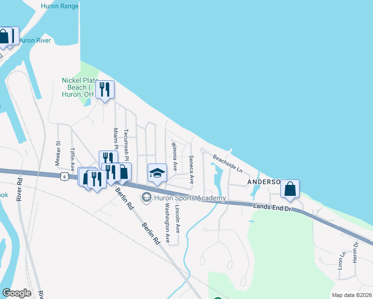 map of restaurants, bars, coffee shops, grocery stores, and more near 314 Wasta Avenue in Huron