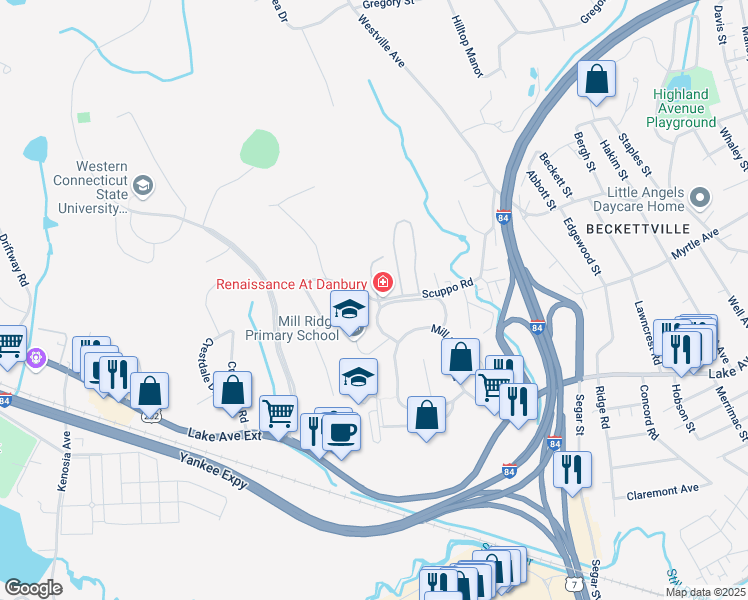 map of restaurants, bars, coffee shops, grocery stores, and more near 23 Scuppo Road in Danbury