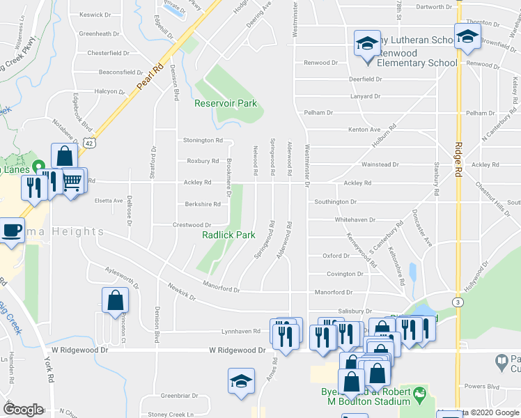 map of restaurants, bars, coffee shops, grocery stores, and more near 6333 Nelwood Road in Cleveland